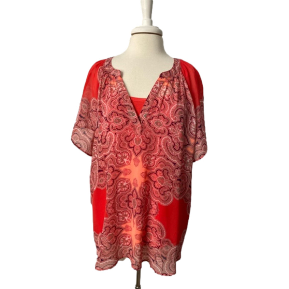 ANA Womens 2X Boho Colorful Paisley Sheer V Neck 2 Piece Blouse Cami Set Cottage